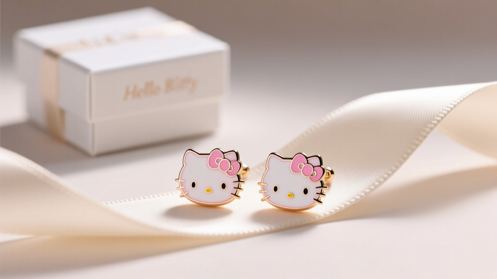 Pastel pink Hello Kitty enamel stud earrings on a silk ribbon, soft studio lighting, small gift box in blurred background.