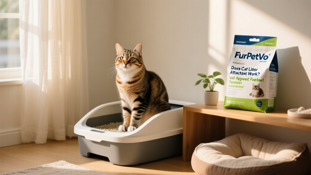 Happy cat calmly using a clean, well-placed litter box with FurPetVo branding visible on packaging nearby