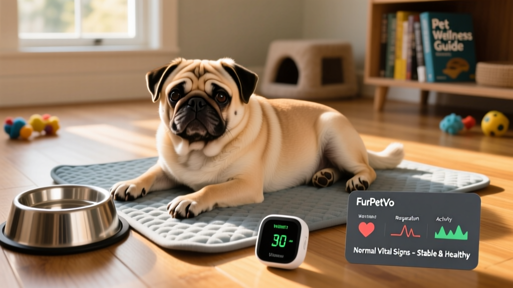 A pug resting calmly on a cooling mat beside a water bowl and FurPetVo wellness tracker card showing normal vital signs