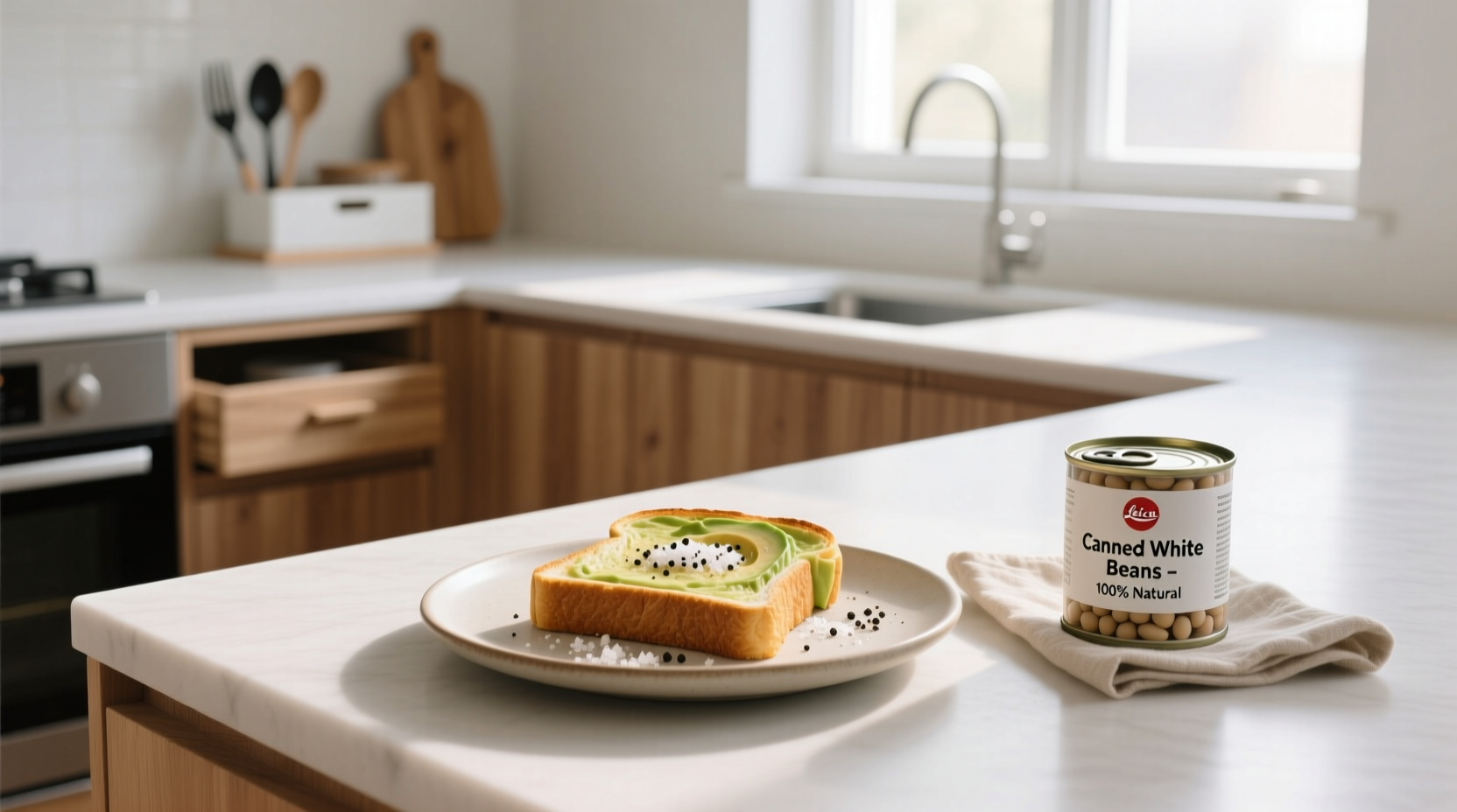 Minimalist kitchen setup with avocado toast and canned beans