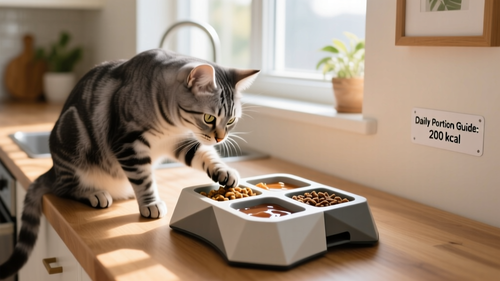 A cat interacting with a slow-feeder puzzle bowl containing both wet and dry food, illustrating portion control and mental stimulation