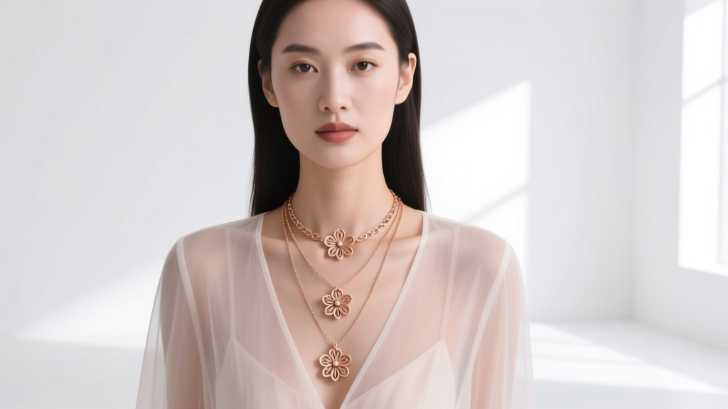 Woman in sheer blouse layered with three rose gold floral necklaces of varying lengths, photographed in a bright minimalist studio