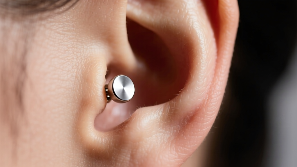 Close-up of an ear lobe wearing a minimalist implant-grade titanium threadless stud, soft studio lighting highlighting the metal.