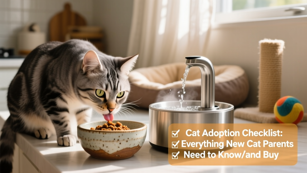 Close-up of a cat enjoying a small portion of wet food from a ceramic bowl beside a fresh water fountain