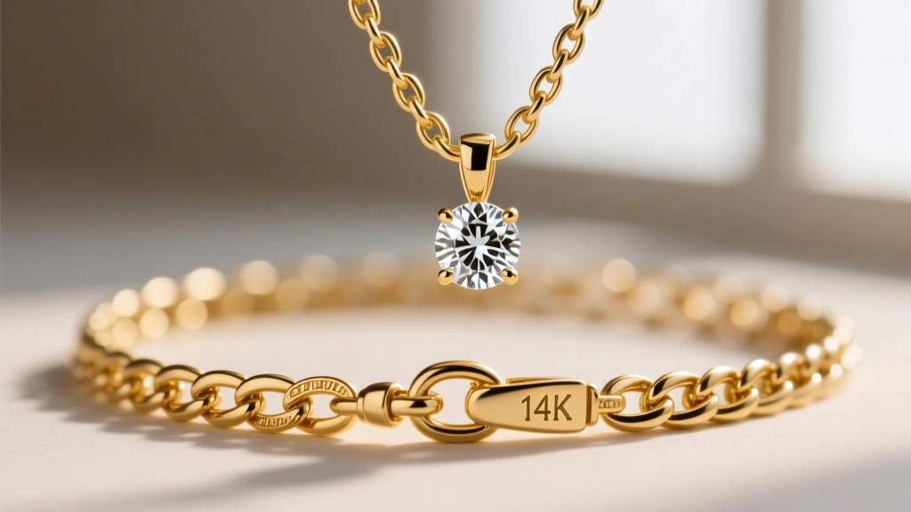 Macro shot of a 14k solid gold chain necklace with a diamond pendant, highlighting the stamped hallmark on the lobster clasp