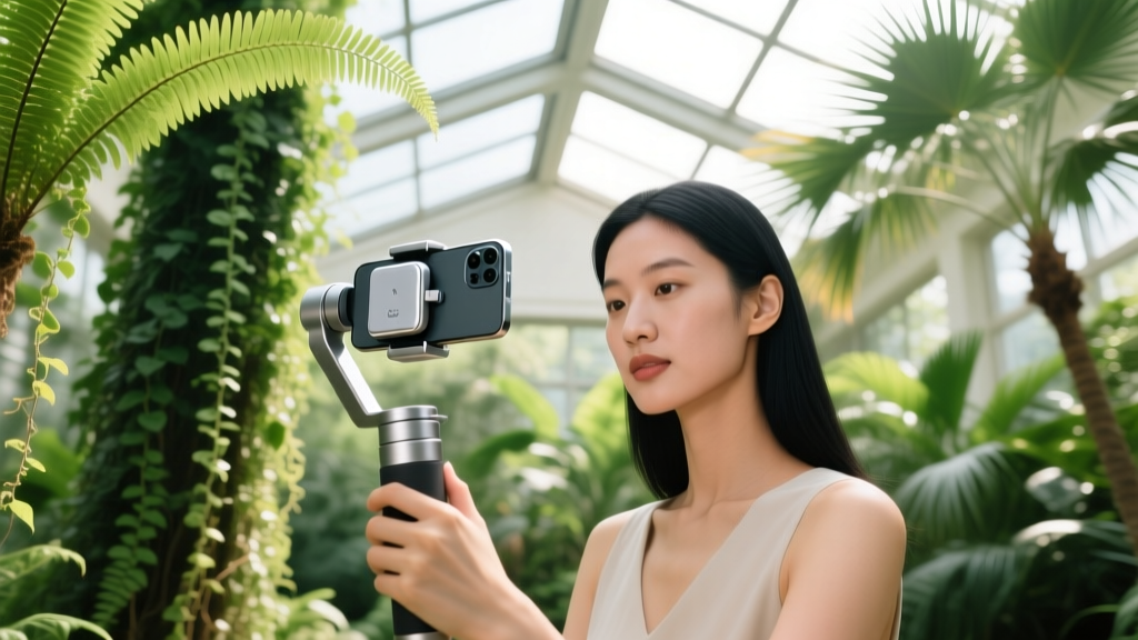 Creator using a magnetic smartphone gimbal grip with built-in power bank to film a vlog in a brightly lit botanical indoor garden