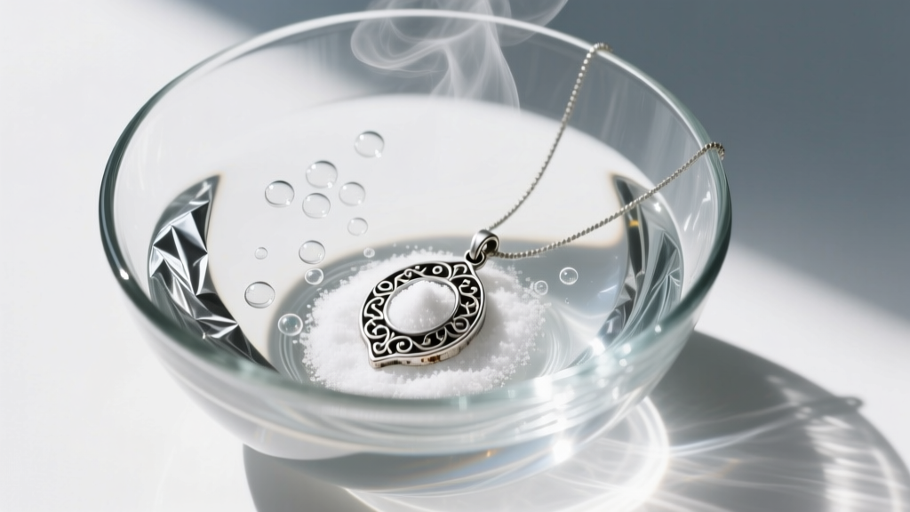 Overhead view of a glass bowl lined with aluminum foil, holding hot water, baking soda, and a submerged tarnished silver pendant
