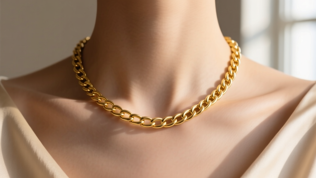 Close-up of a delicate 14k yellow gold 16-inch cable chain resting on a collarbone, soft natural lighting highlighting the links