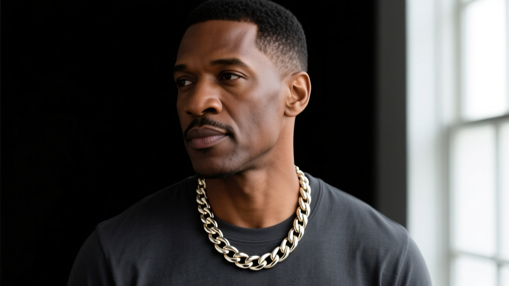 Close-up of a man wearing a 4mm 14k white gold Cuban link necklace against a dark charcoal t-shirt, studio lighting, sharp focus.