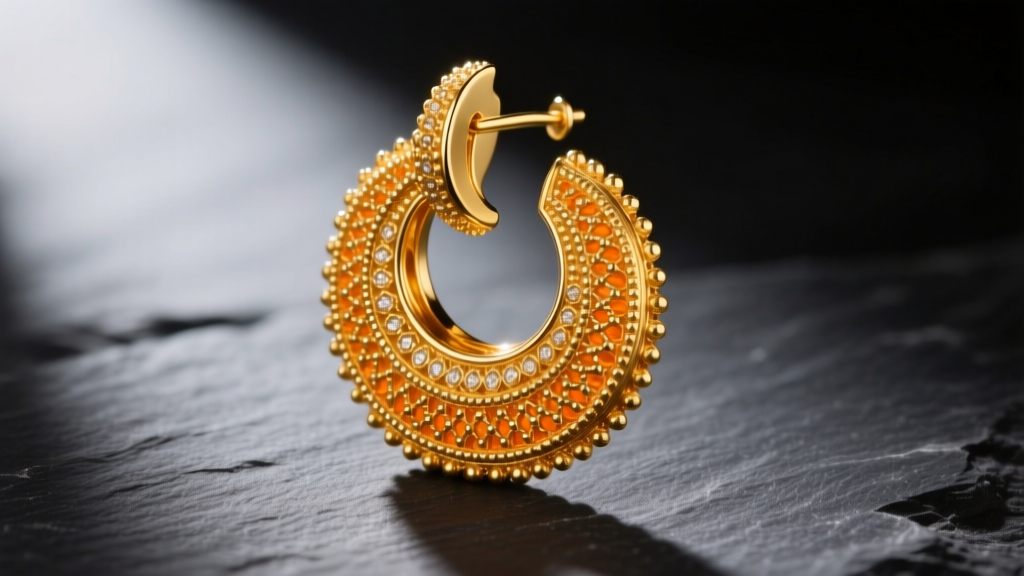 Heavy cast 24k gold jhumka earring with granulation, displayed on dark slate to emphasize the deep orange-yellow metallic hue.