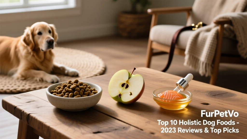 Side-by-side comparison of FurPetVo Holistic Adult kibble, a fresh apple slice, and a small dish of salmon oil
