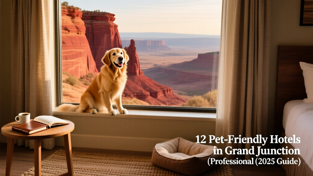 A happy dog sitting beside a cozy hotel room window overlooking red rock canyons near Grand Junction