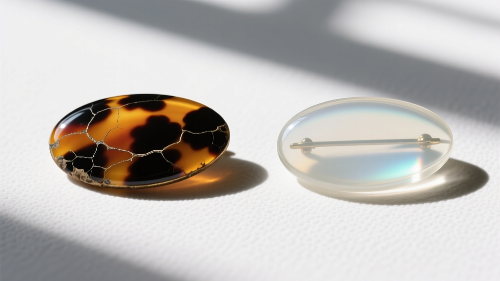 Side-by-side view of a vintage tortoise shell pique brooch and a modern cellulose acetate replica highlighting translucency