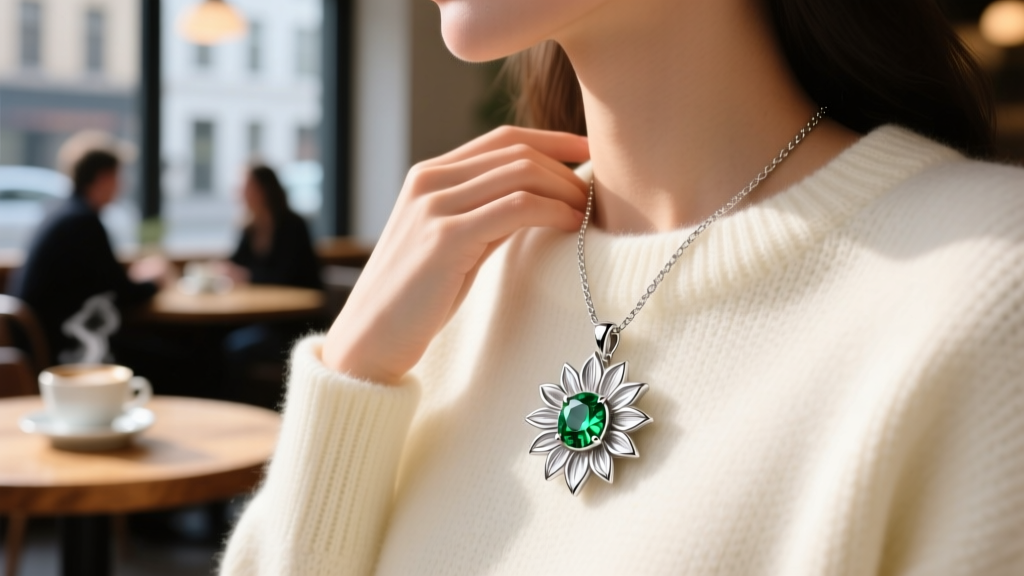 Sterling silver sunflower pendant with bezel-set peridot center, worn over a cream knit sweater against a blurred cafe background.