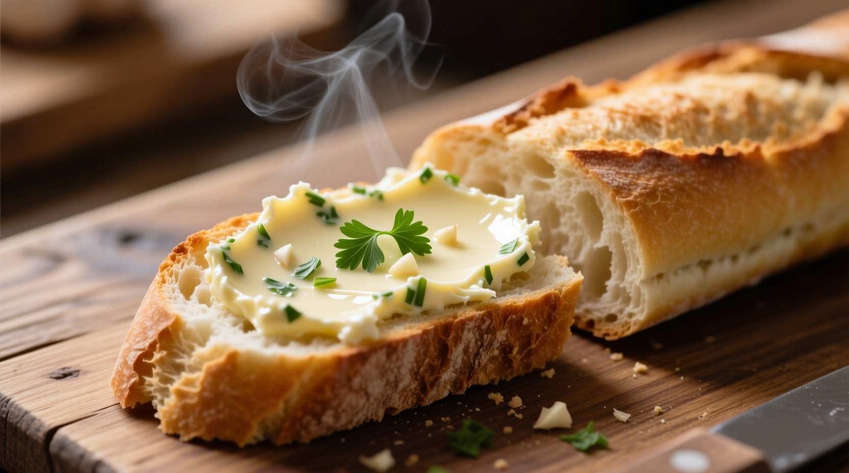 Homemade garlic butter spread on sliced baguette
