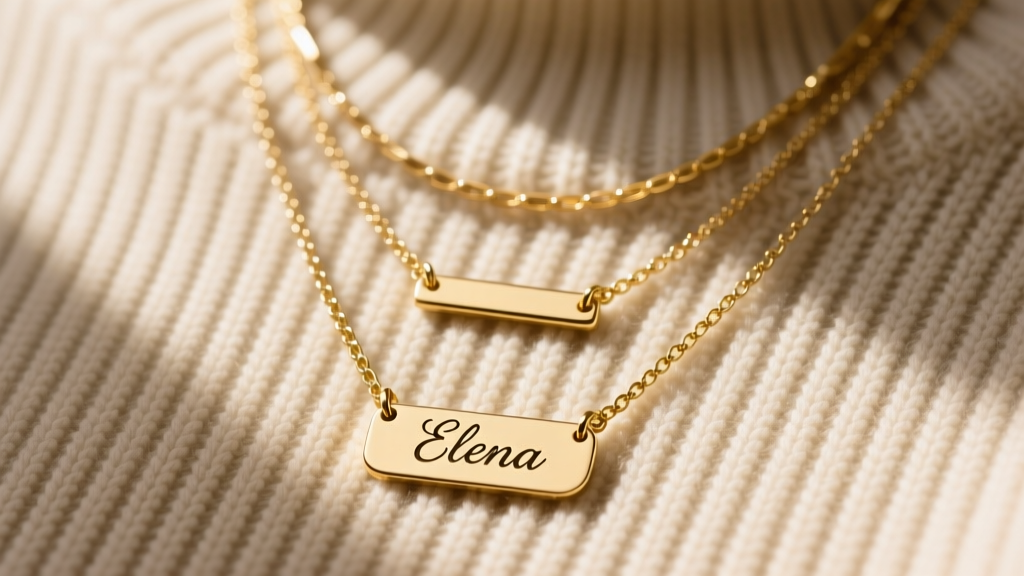 Flat lay of three layered 14k gold necklaces featuring a delicate script nameplate pendant resting on a ribbed beige knit sweater.