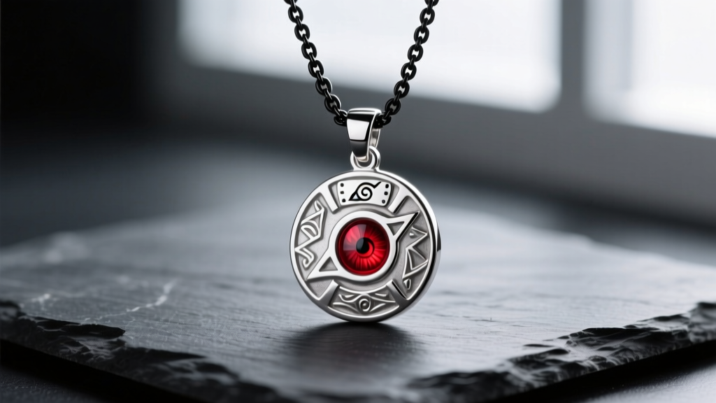Close-up of a 925 sterling silver Itachi Uchiha Sharingan pendant on a 20-inch black rhodium box chain, resting on dark slate.