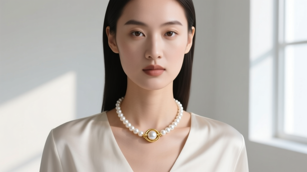 Model wearing a 14mm white Edison pearl necklace with a gold clasp, soft studio lighting highlighting the bright metallic luster.