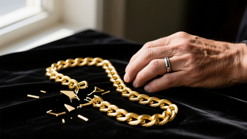 Broken 14k gold cable chain on dark velvet, beside a jeweler's loupe and steel tweezers softly blurred in warm lighting.