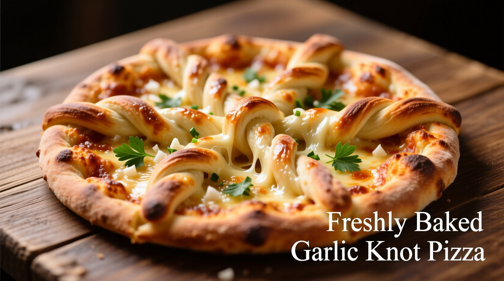 Freshly baked garlic knot pizza with melted cheese