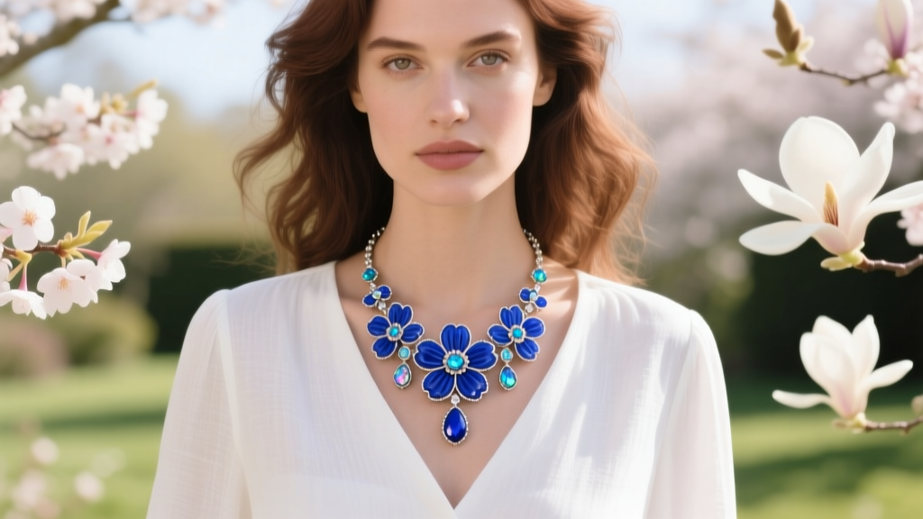 Lapis lazuli blue flower necklace layered on a white linen V-neck blouse, bright natural sunlight, elegant spring fashion editorial.