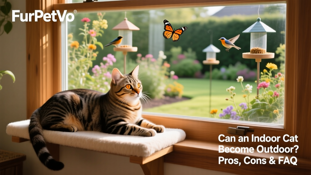 A content indoor cat relaxing on a FurPetVo window perch overlooking a bird-friendly garden