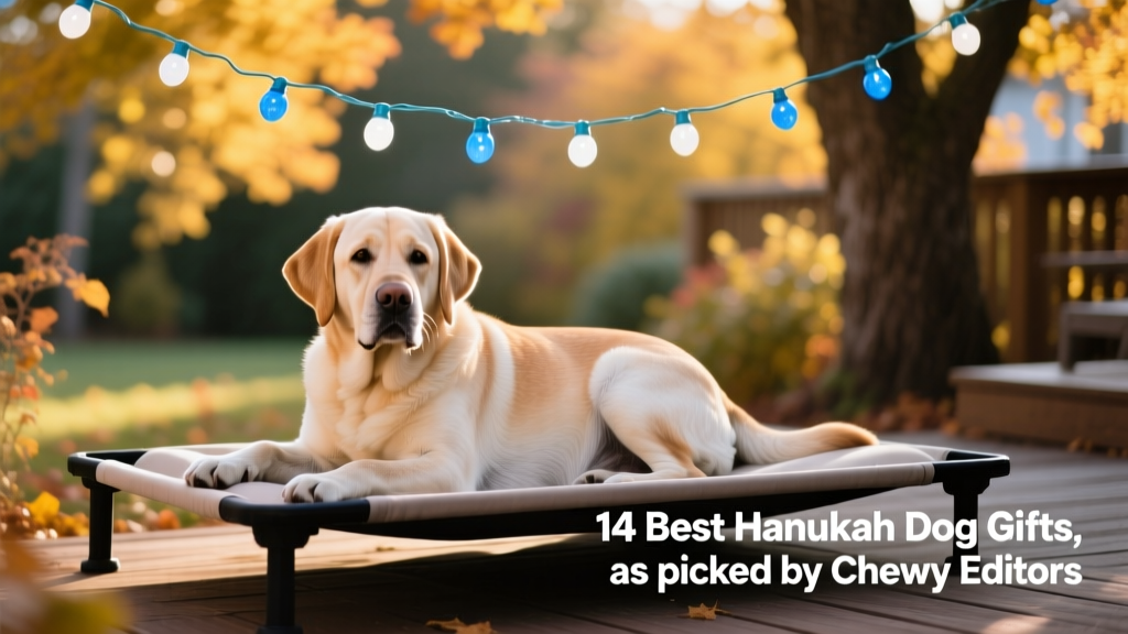 A senior Labrador resting comfortably on an elevated outdoor dog cot beneath a string of blue-and-white lights