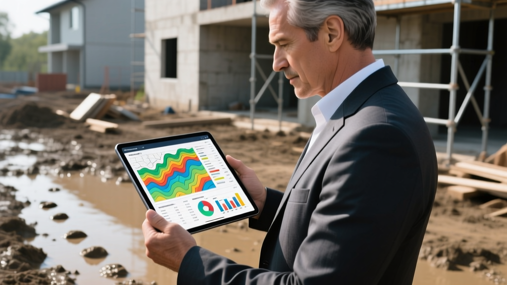 Architect reviewing a digital topographic map and construction budget spreadsheet on a tablet at a muddy residential building site