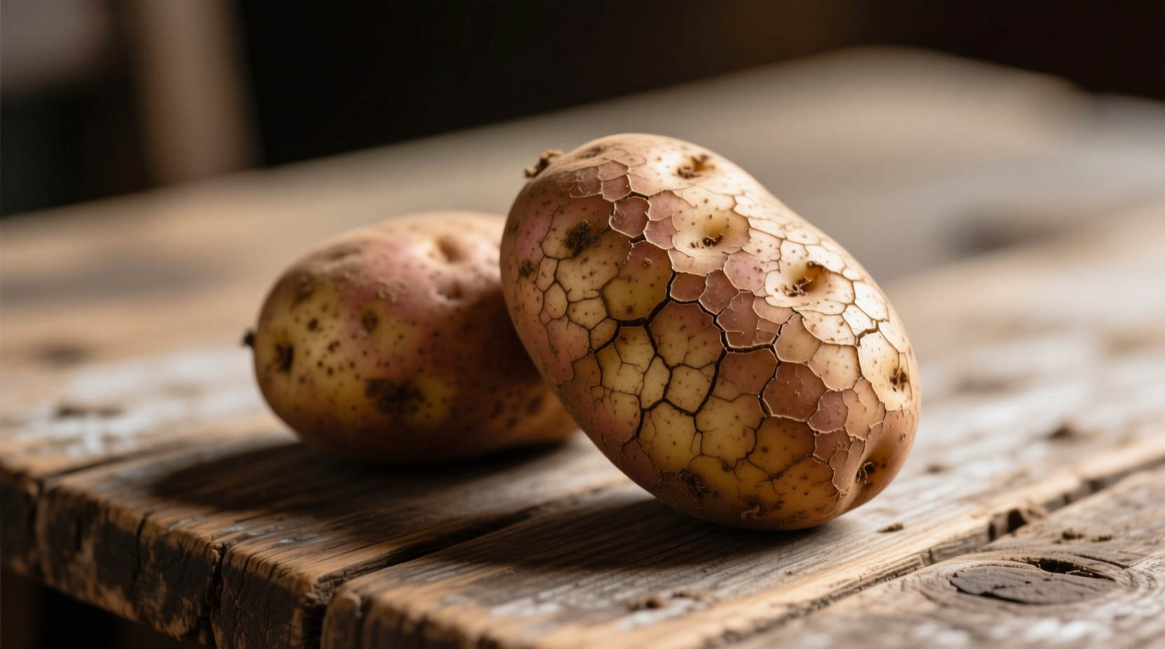 Russet Burbank potatoes with netted brown skin on wooden table
