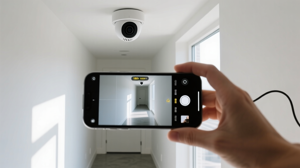 A smartphone screen displaying a live 1080p feed from a hidden smoke detector camera mounted on a hallway ceiling for security monitoring.