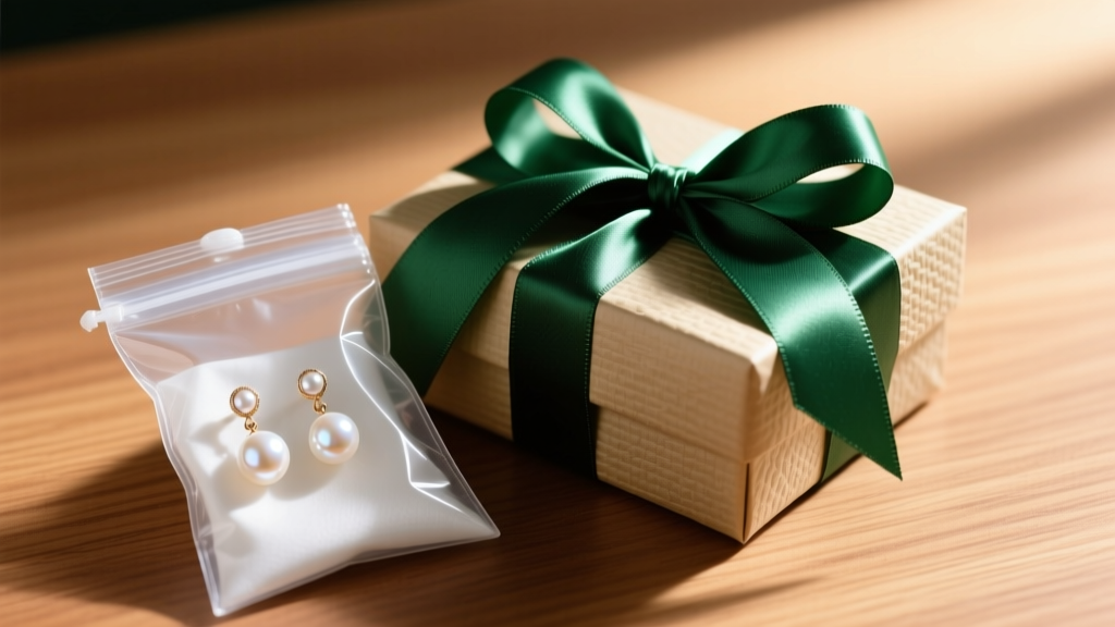 Sealed anti-tarnish pouch holding pearl drop earrings resting beside a beautifully wrapped, ribbon-tied holiday gift box on wood.