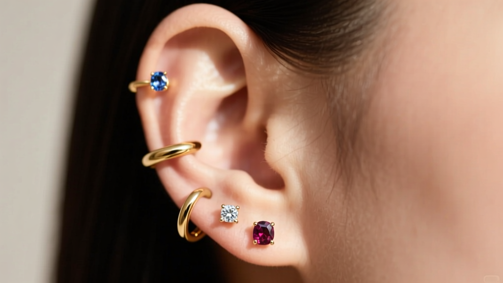 Detailed photo of a curated ear showing helix, tragus, and lobe piercings adorned with minimalist 14k gold hoops and gem studs.