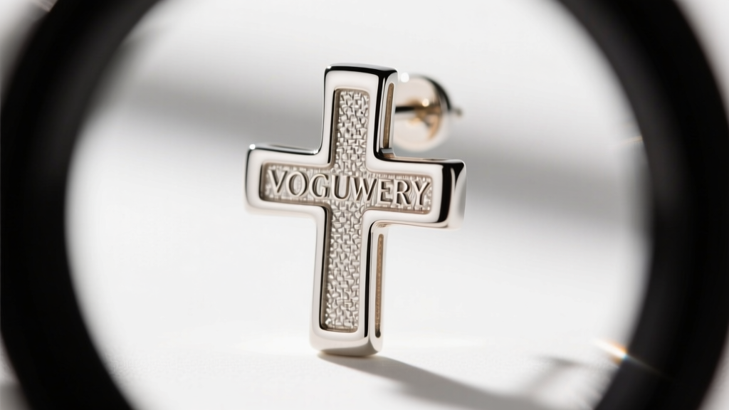 Macro view of an 18k white gold cross earring hallmark examined by a loupe, showing rhodium plating and palladium alloy details