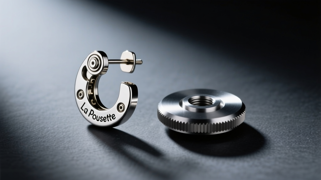 Side profile of a La Pousette locking earring back next to a friction clutch, shot on dark slate with soft directional shadows.
