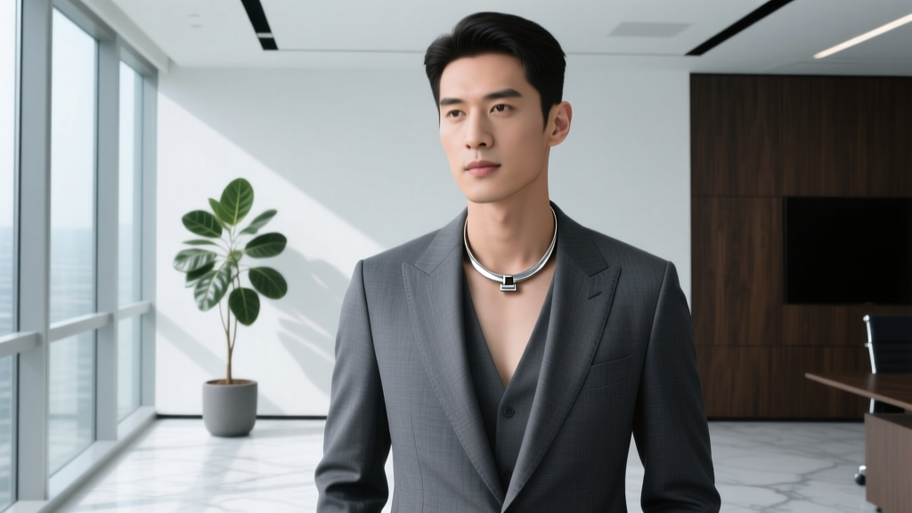Man in tailored charcoal suit showcasing a sleek 4mm matte titanium collar necklace with a hidden magnetic clasp in an office.
