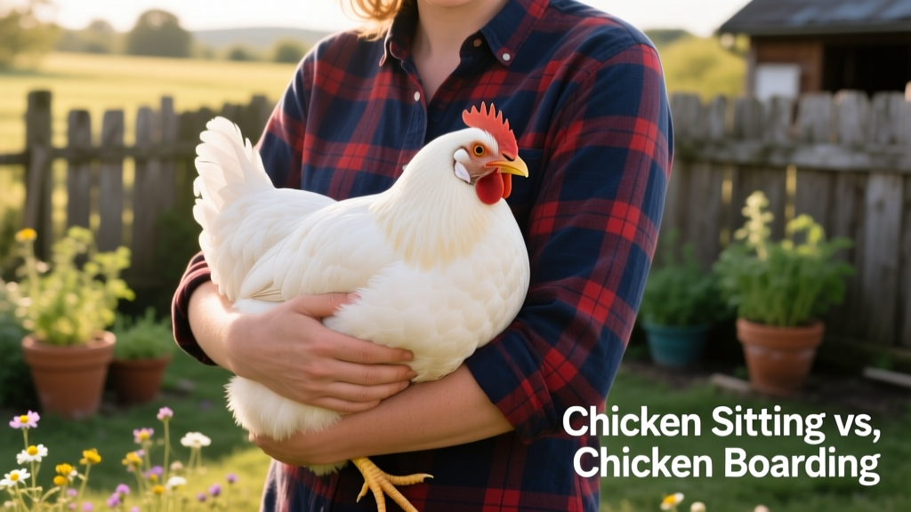 A calm white hen being gently held by a person wearing a checked shirt