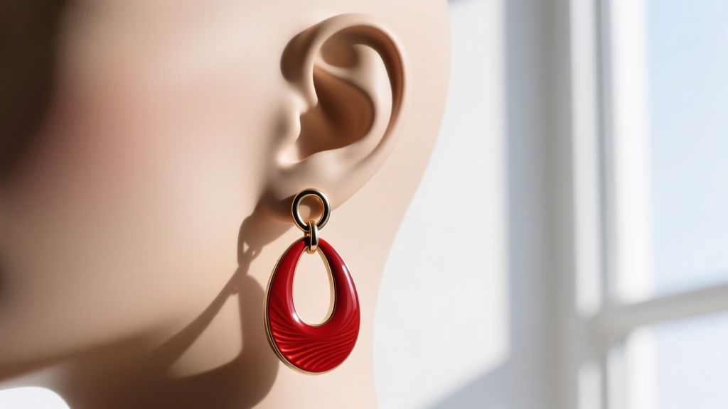 Side profile of a heavy red enamel drop bow earring on a mannequin earlobe, secured tightly by a reinforced omega-back clasp