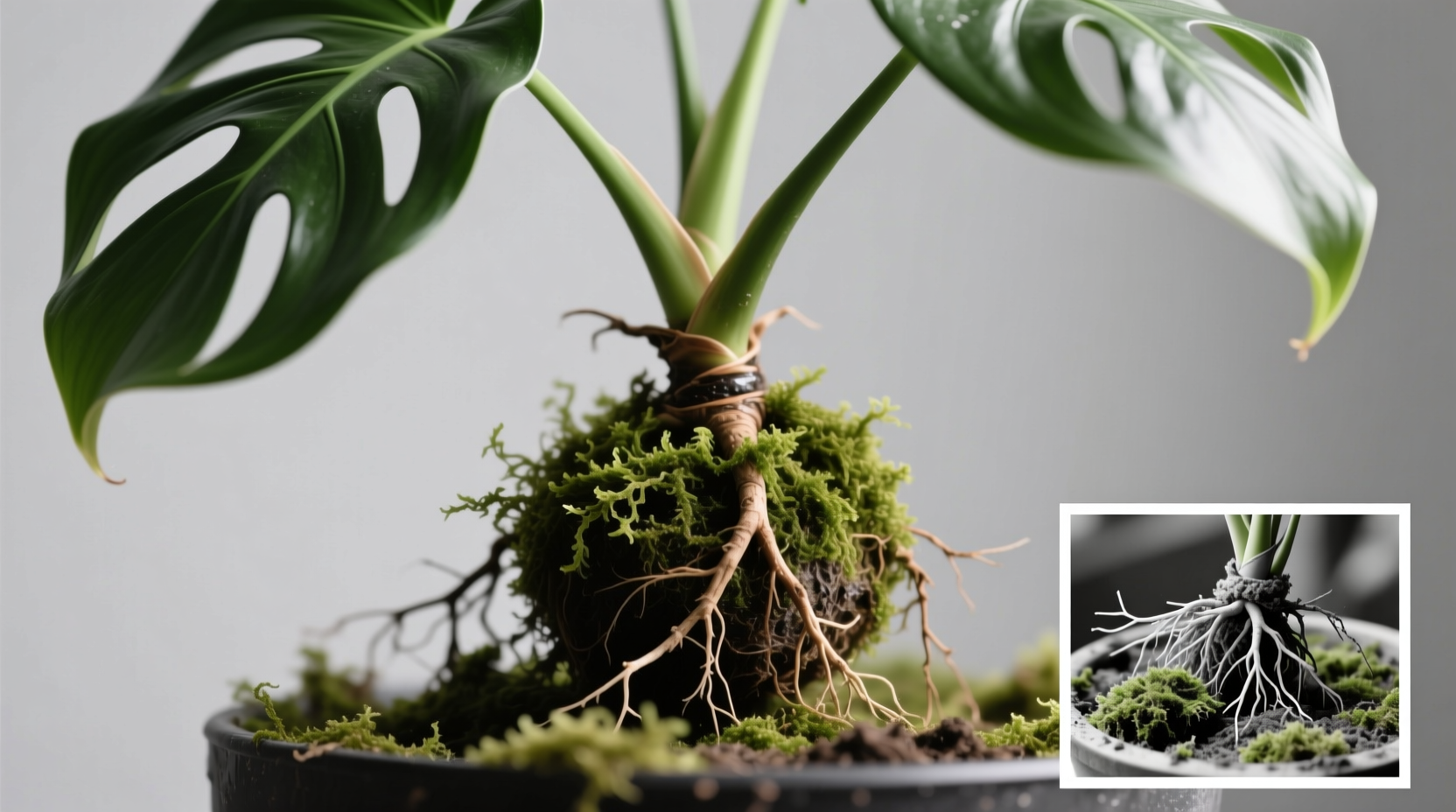 Late spring air layering on philodendron showing healthy root ball versus winter attempt with moldy moss - moisture management makes or breaks success