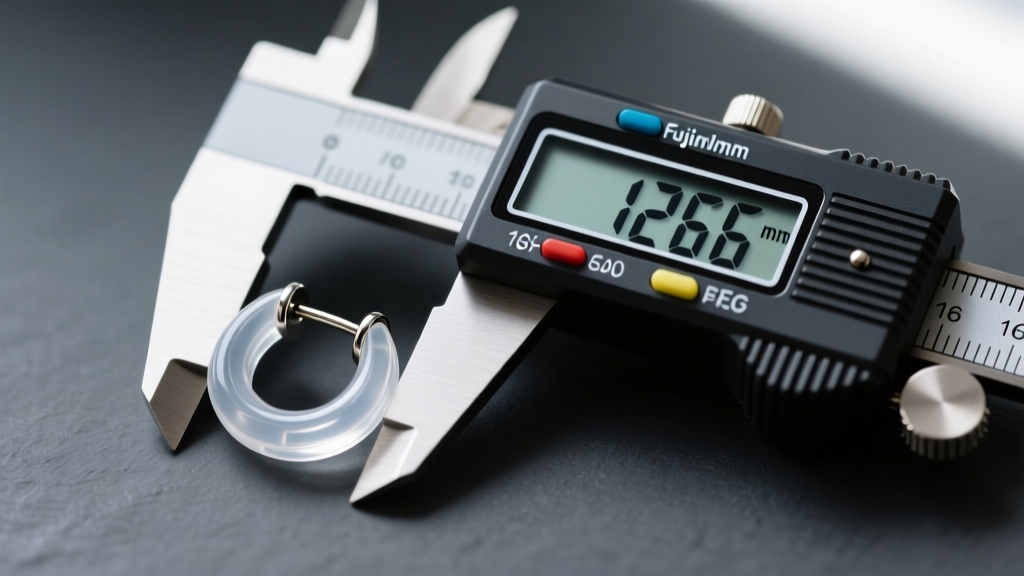 Digital caliper measuring the 1.2mm thickness of a 16-gauge clear PTFE barbell earring resting against a dark slate background