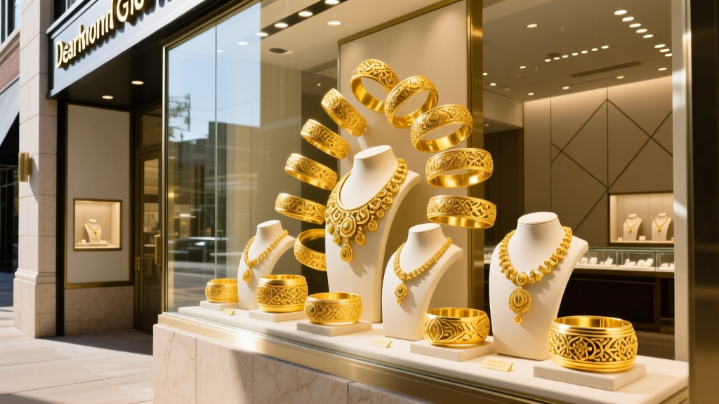 Vibrant storefront of a Dearborn gold factory displaying intricate 21k yellow gold bangles and necklaces in a brightly lit window