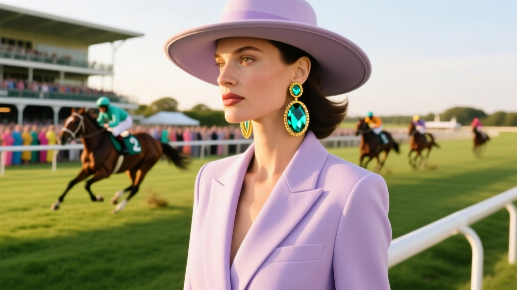 Woman in pastel suit and wide hat wearing oversized gold and mint chrysoberyl drop earrings at a sunny outdoor horse racing event