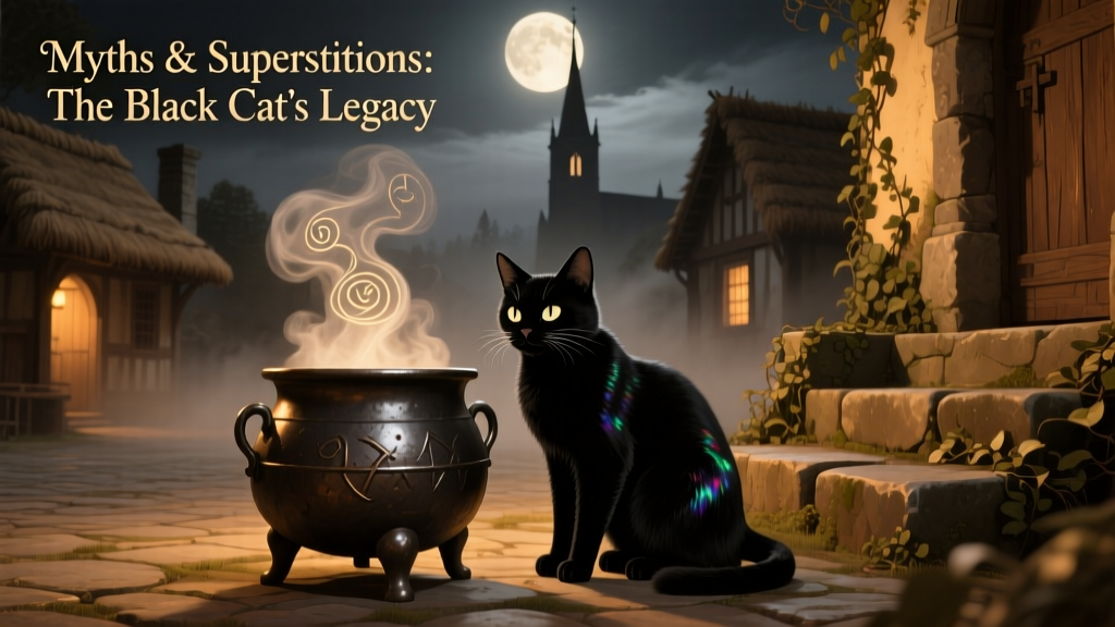 Historical illustration-style scene of a black cat beside a cauldron under moonlight