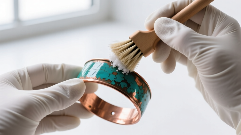 Nitrile-gloved hands gently scrubbing an oxidized copper cuff bracelet with a soft bristle brush and a vinegar-salt solution