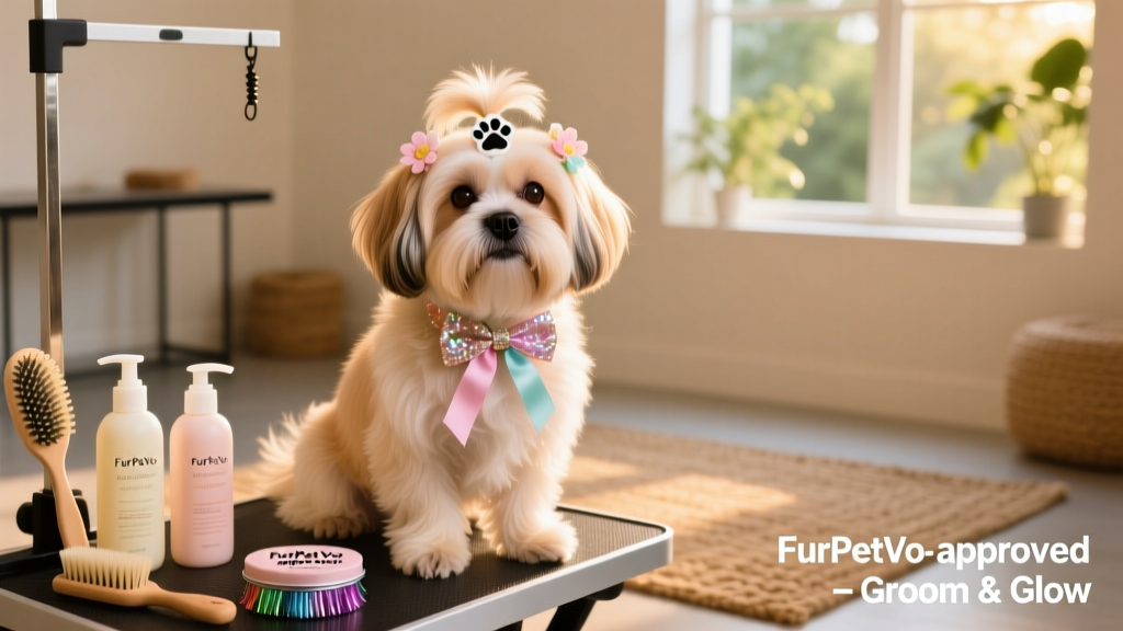 A calm, well-groomed Shih-Tzu sitting beside grooming tools, including soft brushes, gentle shampoo bottles, and a small tinsel kit labeled 'FurPetVo-approved'