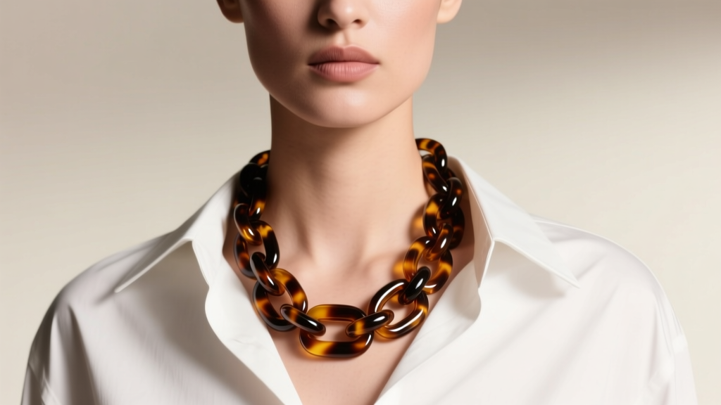 Model wearing a chunky translucent tortoiseshell acrylic chain necklace over a white button-down shirt in soft studio lighting.