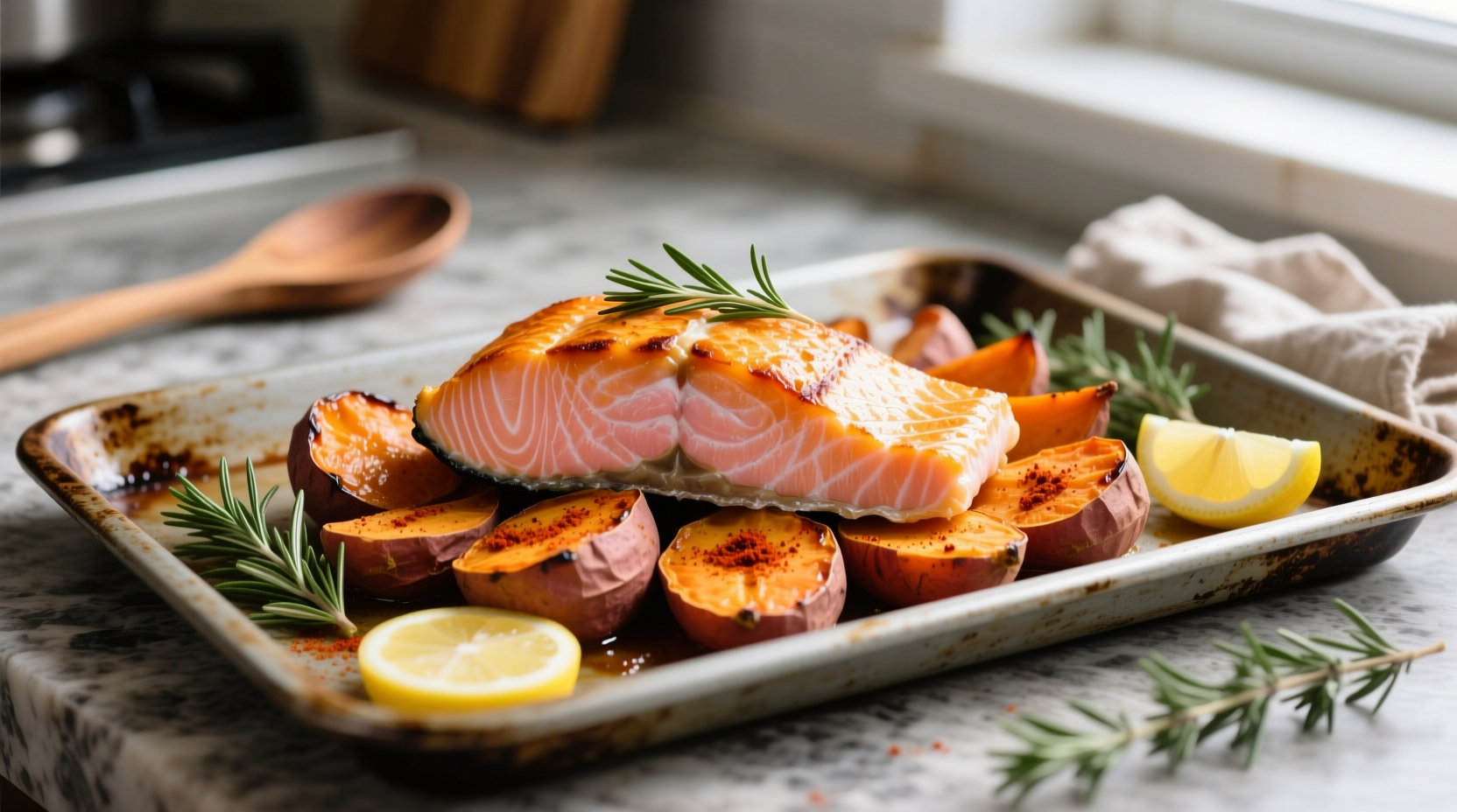 Baked salmon with roasted sweet potatoes on sheet pan