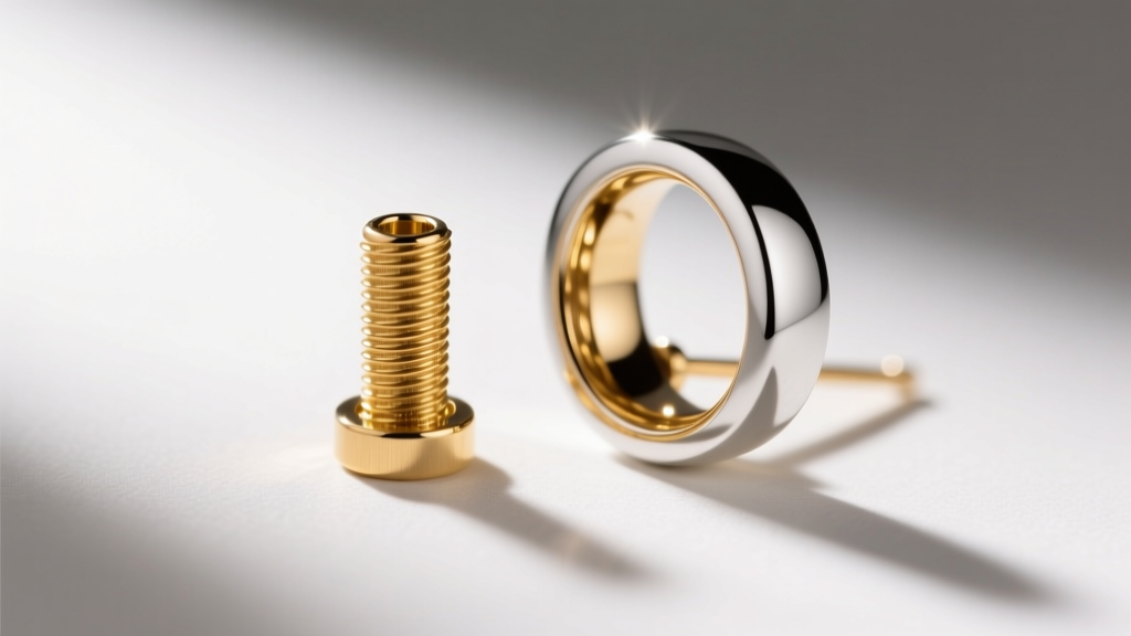 Macro photography of an 18-gauge 22k gold threaded earring post next to a polished 18k white gold bezel setting, high contrast