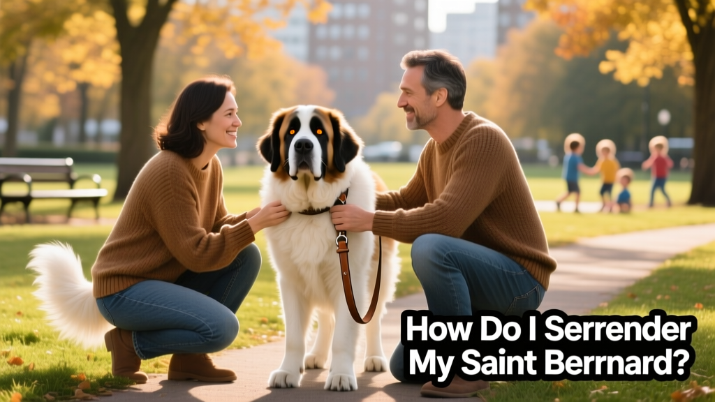 Two people smiling as they gently leash a relaxed Saint Bernard during a supervised meet-and-greet