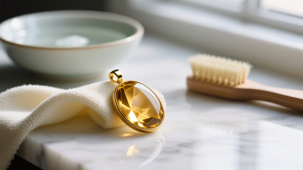 Microfiber cloth wiping a gold onyx pendant, with a bowl of mild soapy water and a soft-bristled brush in the blurred background