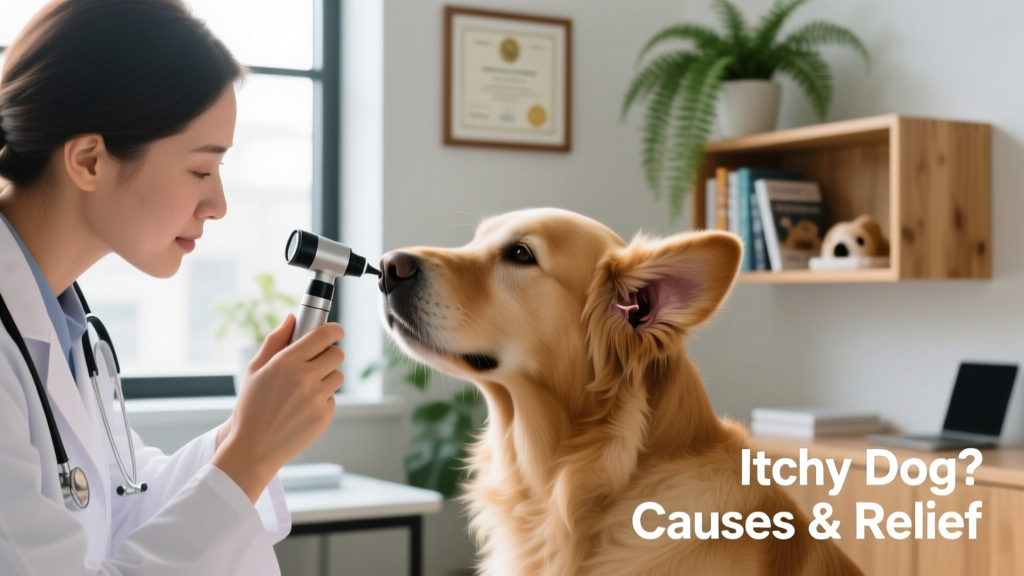 Veterinarian gently examining a dog's ear canal with an otoscope during a dermatology consult